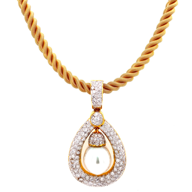 18K Yellow Gold Diamond Pearl Drop Pendant