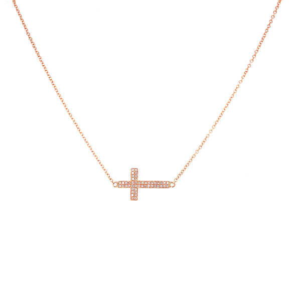 14K Rose Gold Diamond Cross Horizontal Necklace-Necklaces-TRIO OF NEW YORK-