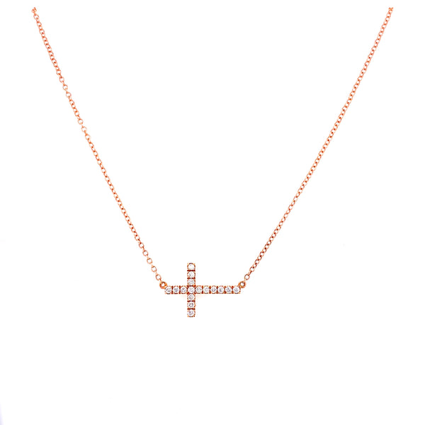 14K Rose Gold Diamond Sideways Cross Necklace