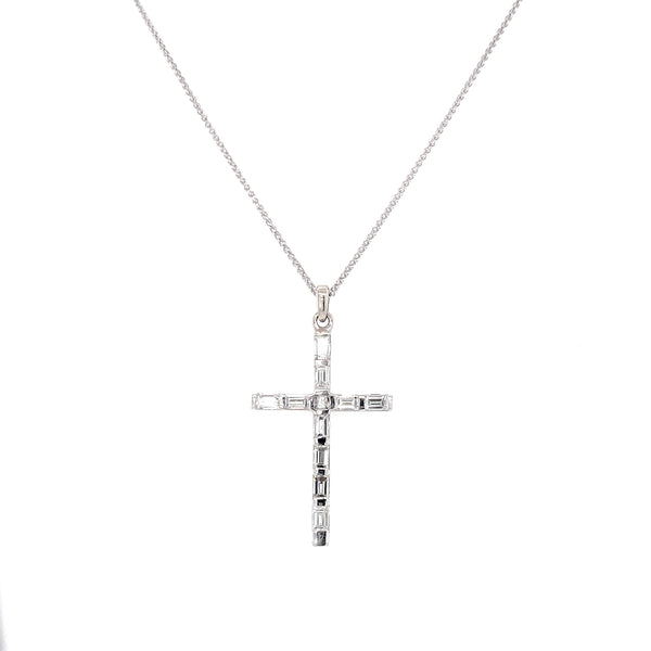 14K White Gold Round+Baguette Diamond Cross-Necklaces-Maurice's Jewelers-
