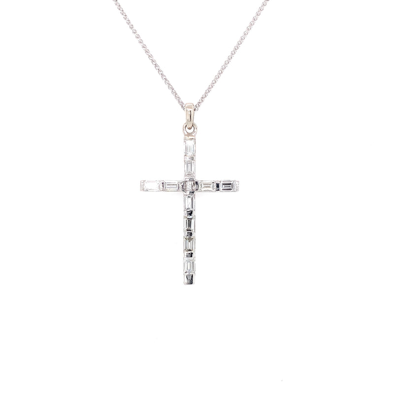 14K White Gold Round+Baguette Diamond Cross