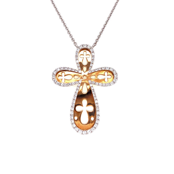 18K White & Rose Diamond Cross Cutout Necklace-Necklaces-pink diamond-