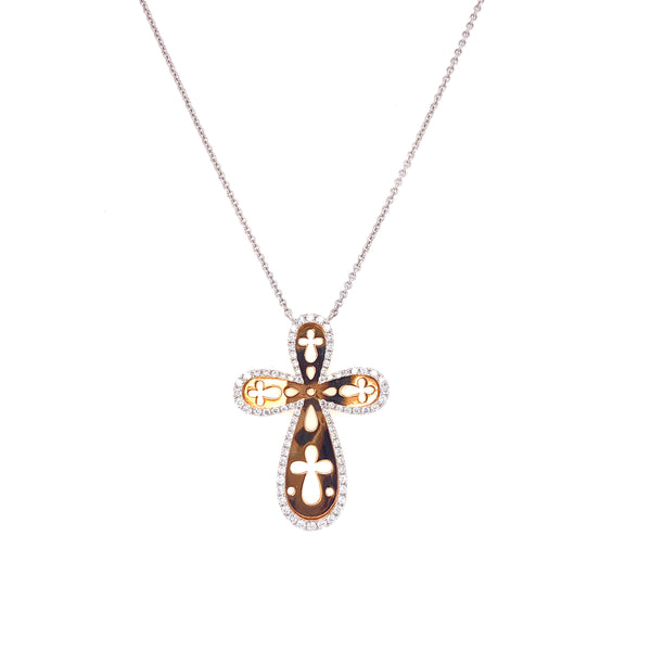 18K White & Rose Diamond Cross Cutout Necklace-Necklaces-pink diamond-