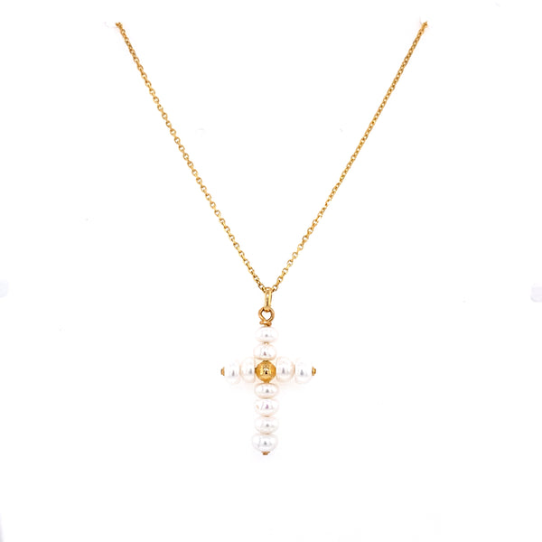 18K Yellow Pearl Cross Pendant-Charms & Pendants-JUAN CARLOS GARCIA USA-