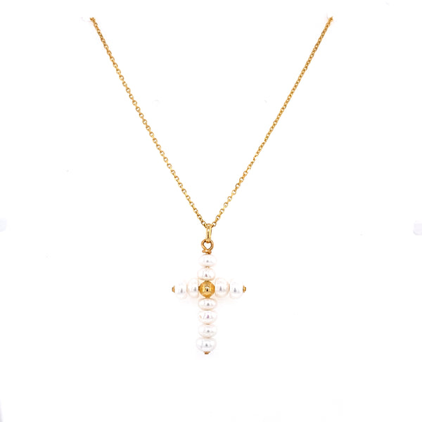 18K Yellow Pearl Cross Pendant