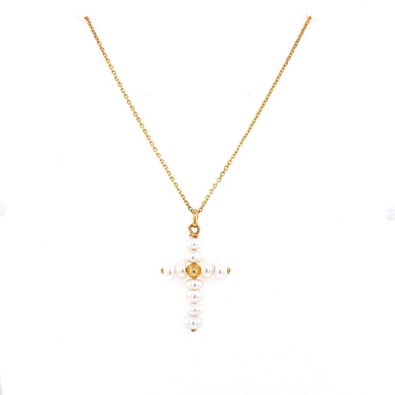 18K Yellow Pearl Cross Pendant-Charms & Pendants-JUAN CARLOS GARCIA USA-
