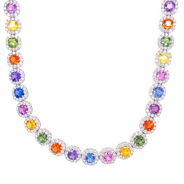 18K White Gold Diamond + Multi Sapphire Necklace