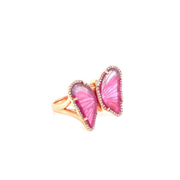 14K Rose Gold Diamond + Pink Tourmaline Butterfly Ring