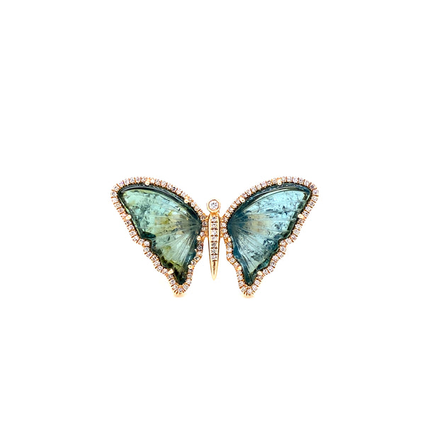 14K Yellow Gold Diamond + Green Tourmaline Butterfly Ring-Rings-majolie-
