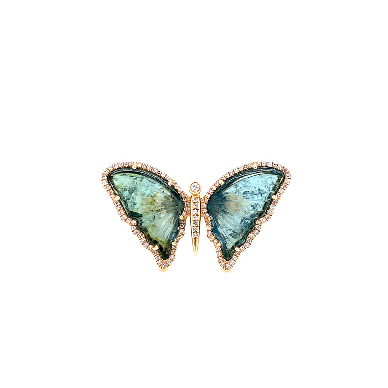 14K Yellow Gold Diamond + Green Tourmaline Butterfly Ring-Rings-majolie-
