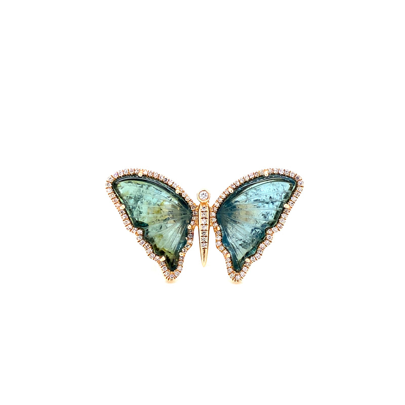 14K Yellow Gold Diamond + Green Tourmaline Butterfly Ring