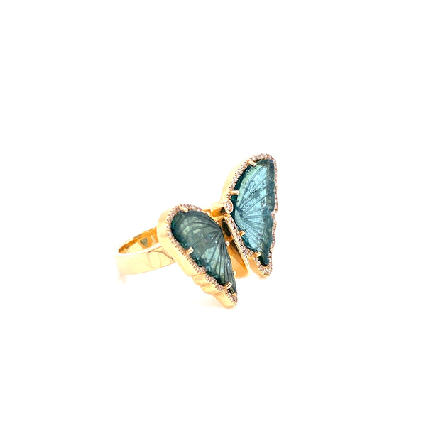 14K Yellow Gold Diamond + Green Tourmaline Butterfly Ring