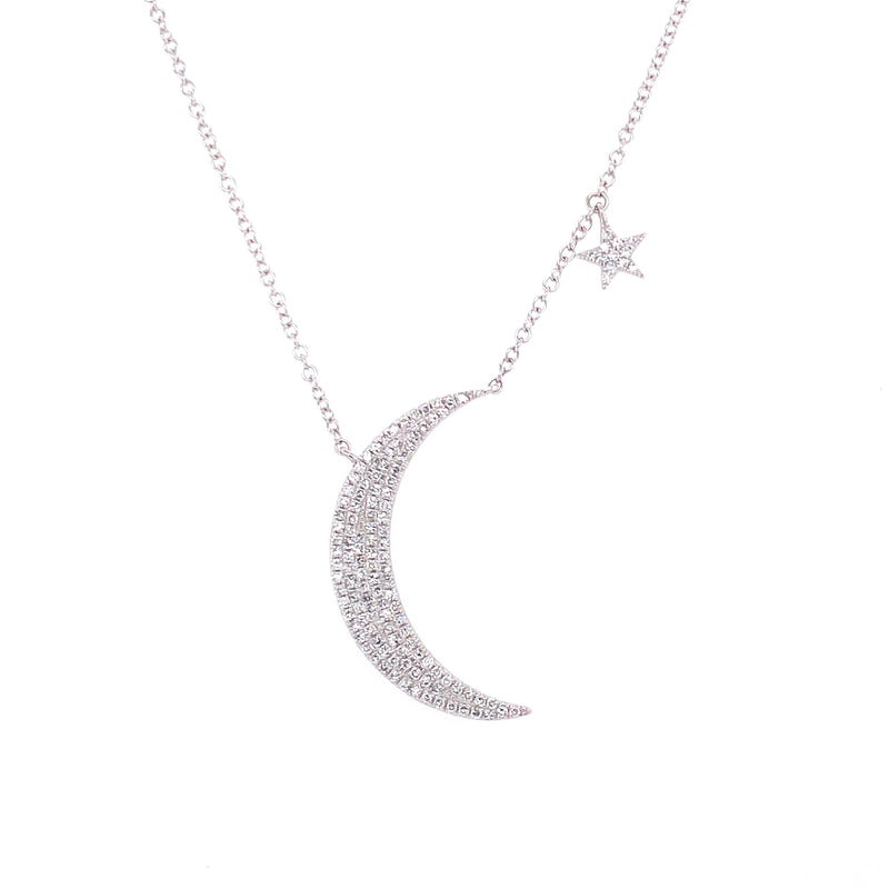 14K White Gold Diamond Moon & Star Necklace
