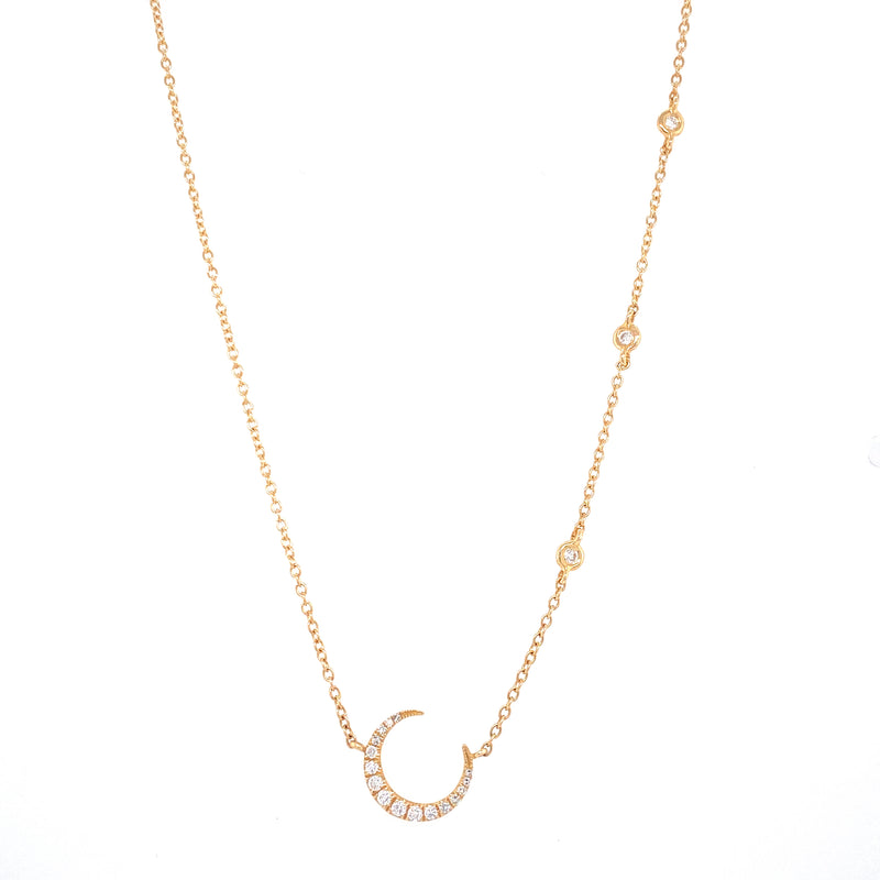 14K Yellow Gold Diamond Crescent Moon + Diamond Bezel Necklace