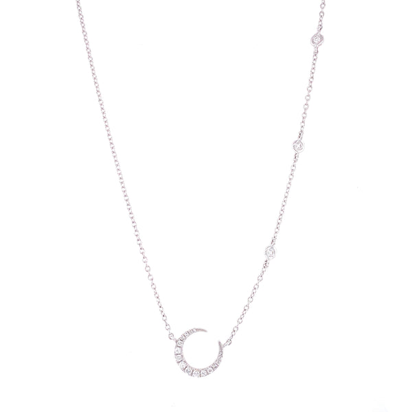 14K White Gold Diamond Crescent Moon + Diamond Bezel Necklace-Necklaces-majolie-WHITE GOLD-