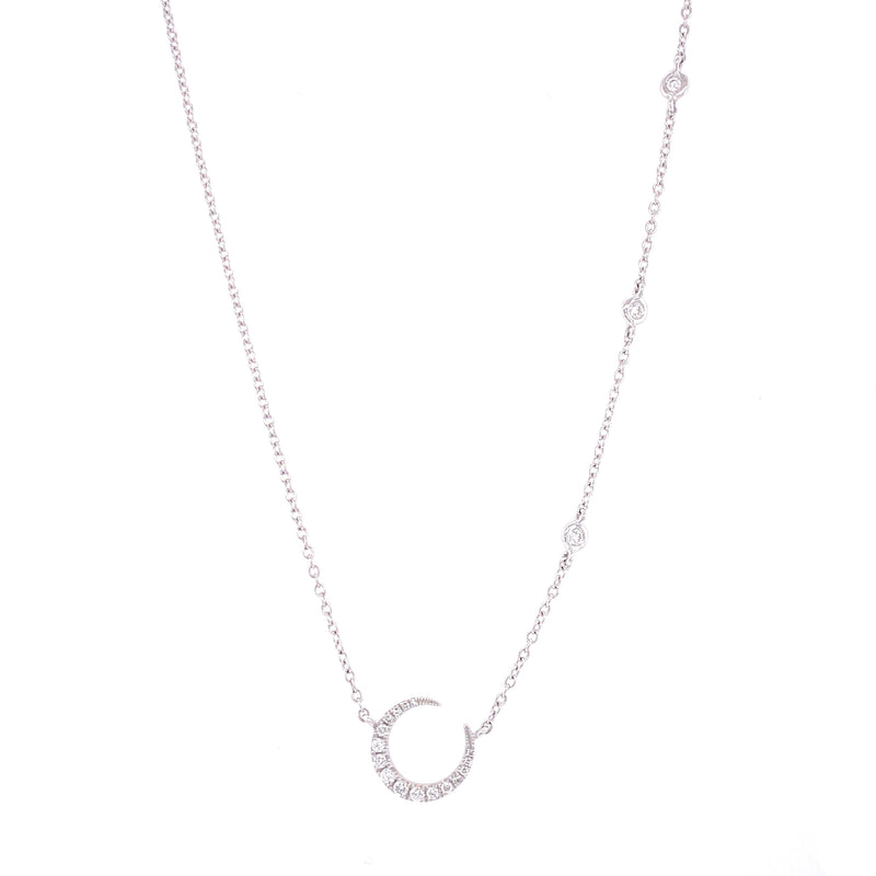 14K White Gold Diamond Crescent Moon + Diamond Bezel Necklace-Necklaces-majolie-WHITE GOLD-