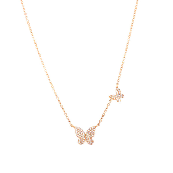 14K Yellow Gold Diamond Double Butterfly Necklace
