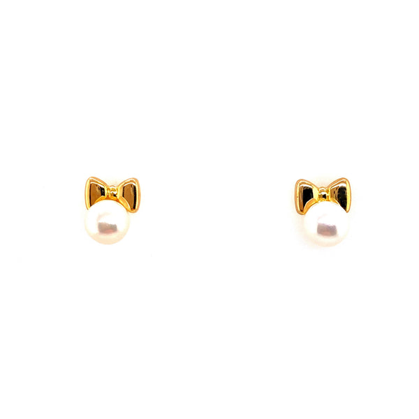 18K Yellow Gold Pearl Stud + Bow Earrings