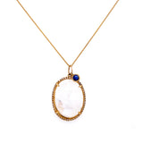 14K Yellow Gold Round Diamond + Oval Rainbow Moonstone & Sapphire Pendant-Charms & Pendants-GETANA & CO-