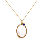 14K Yellow Gold Round Diamond + Oval Rainbow Moonstone & Sapphire Pendant