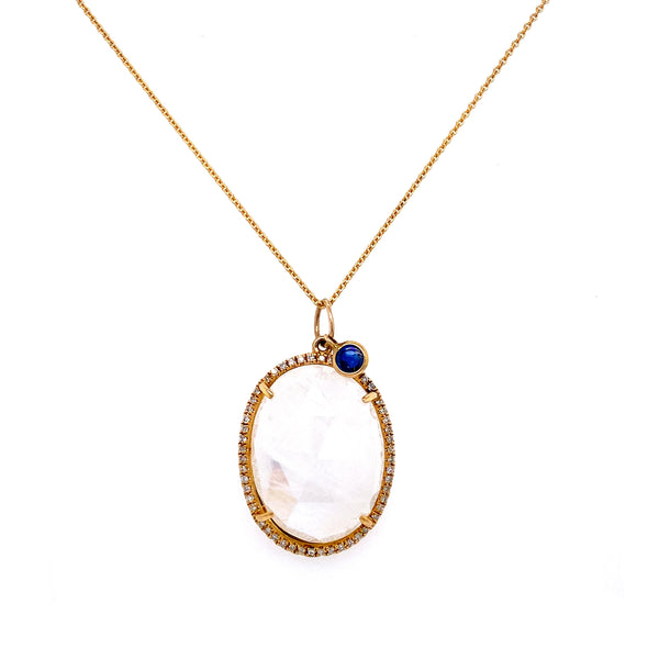 14K Yellow Gold Round Diamond + Oval Rainbow Moonstone & Sapphire Pendant