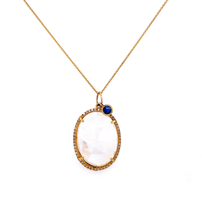 14K Yellow Gold Round Diamond + Oval Rainbow Moonstone & Sapphire Pendant-Charms & Pendants-GETANA & CO-