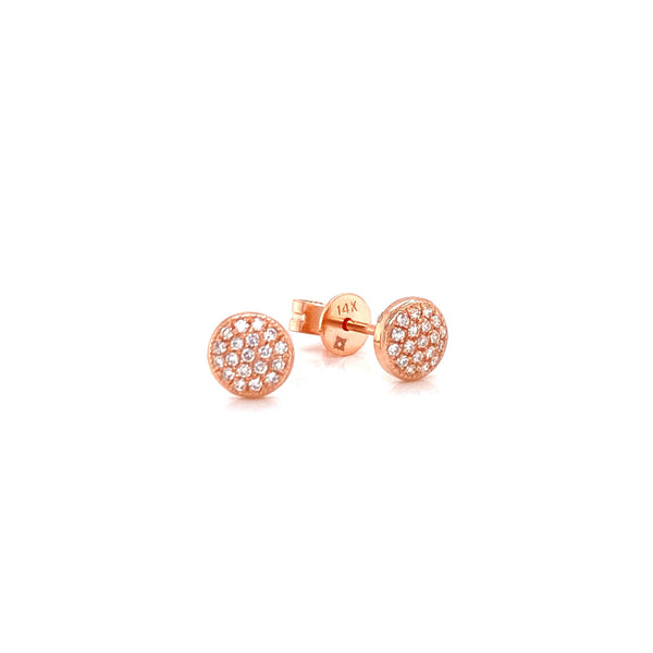 14K Rose Gold Small Puffed Miligrain Diamond Disc Earrings