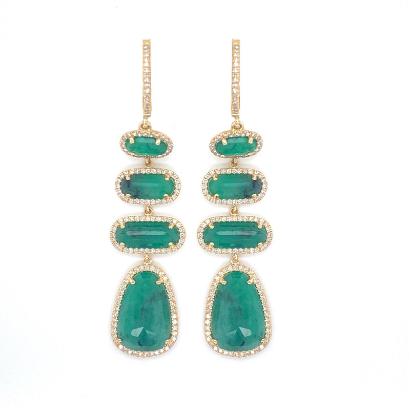 14K Yellow Gold Diamond Emerald Drop Earrings