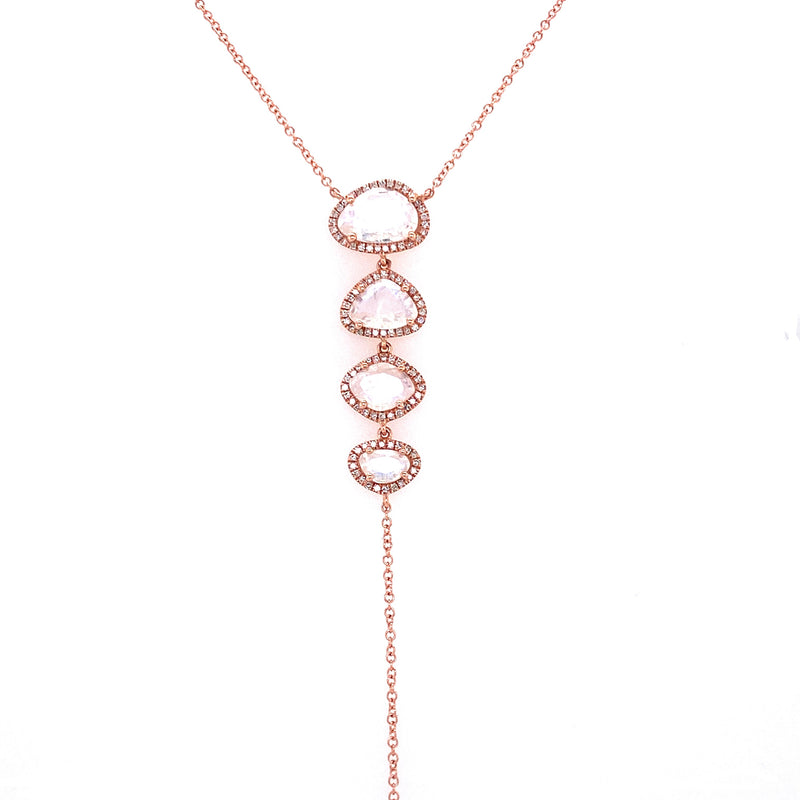 14K Rose Gold Diamond + Rainbow Moonstone Lariat Necklace