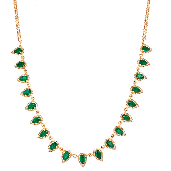 14K Yellow Gold Diamond + Emerald Pear Shaped Necklace