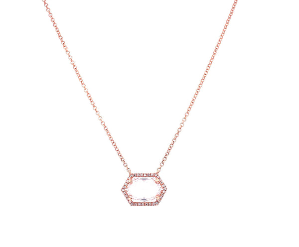 14K White Gold Diamond + White Topaz Hexagon Necklace