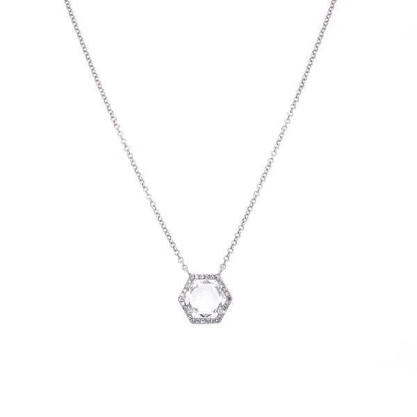 14K White Gold Diamond + White Topaz Small Hexagon Necklace