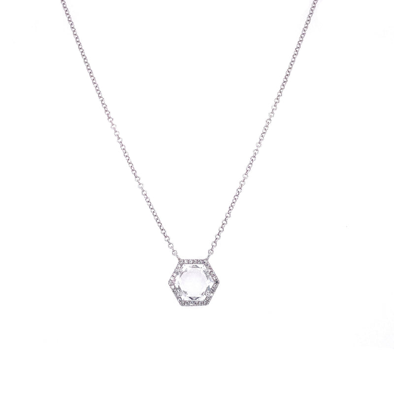 14K White Gold Diamond + White Topaz Small Hexagon Necklace-Necklaces-majolie-