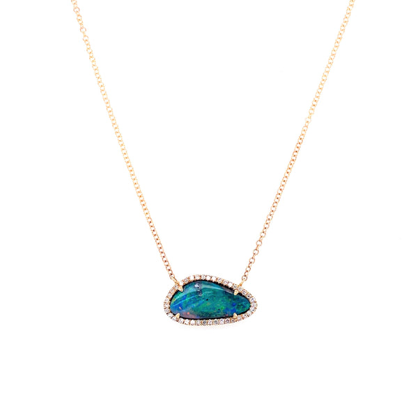 14K Yellow Gold Diamond + Boulder Opal Necklace