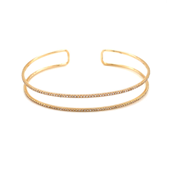 14K Yellow Gold Diamond Double Row Open Bangle