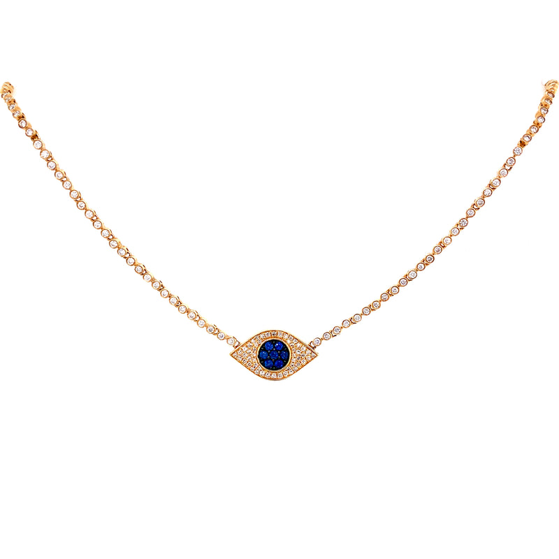 14K Yellow Gold Diamond + Sapphire Evil Eye Necklace