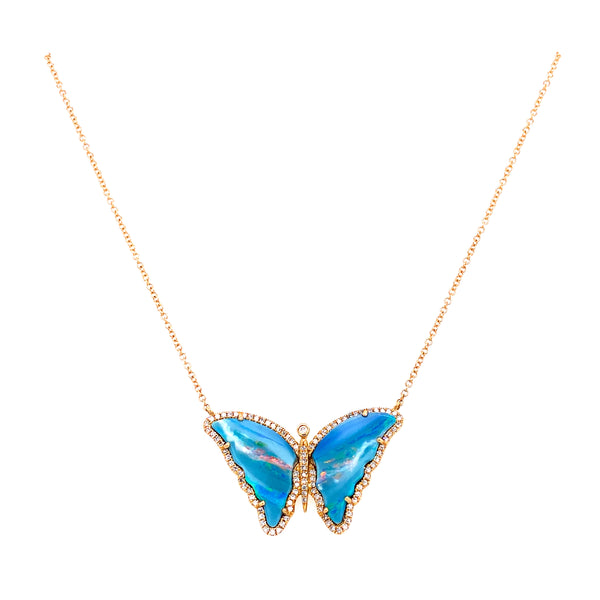14K Yellow Gold Diamond + Opal Butterfly Necklace