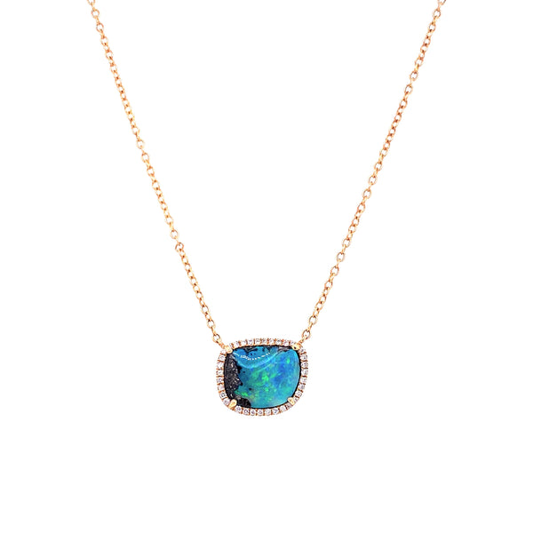 14K Yellow Gold Diamond + Boulder Opal Necklace