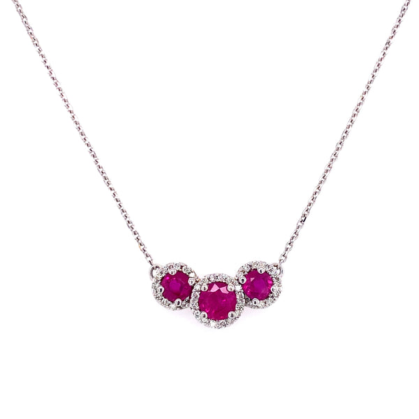 14K White Gold Diamond Halo + Ruby Three Stone Necklace-Necklaces-RYAN GEMS - CBG-
