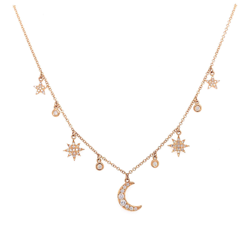 14K White Gold Diamond Moon & Star Charm Necklace
