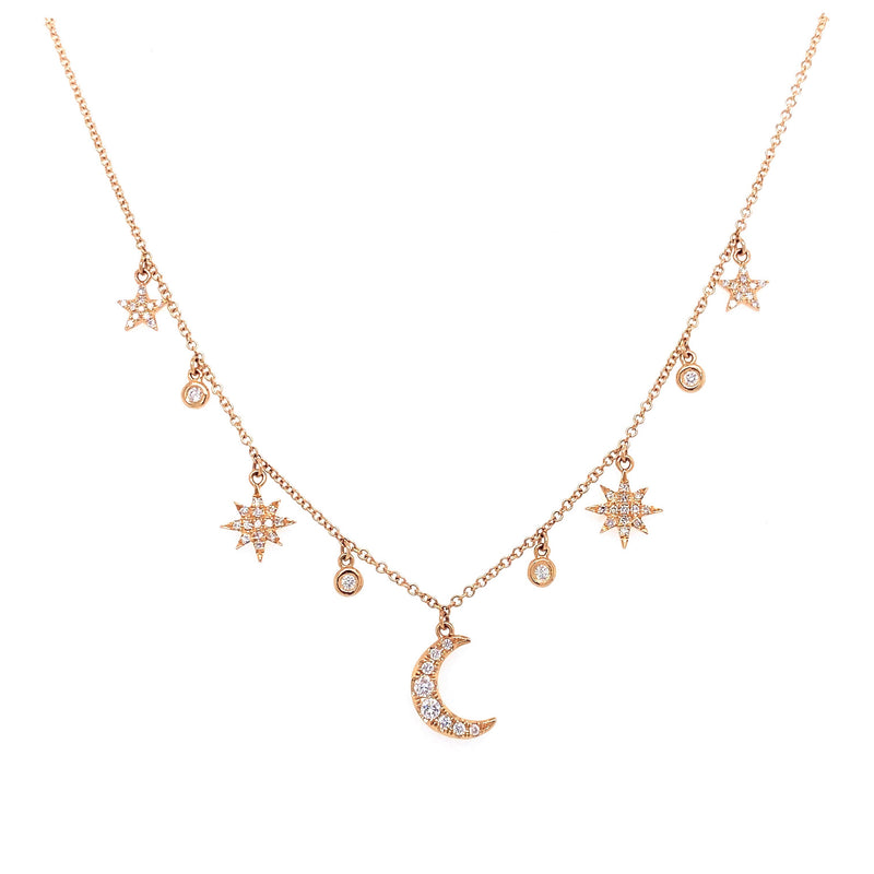 14K Yellow Gold Diamond Moon & Star Charm Necklace