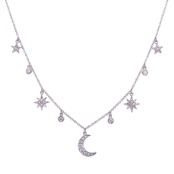 14K Yellow Gold Diamond Moon & Star Charm Necklace