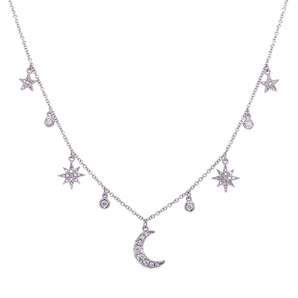 14K White Gold Diamond Moon & Star Charm Necklace-Necklaces-majolie-WHITE GOLD-