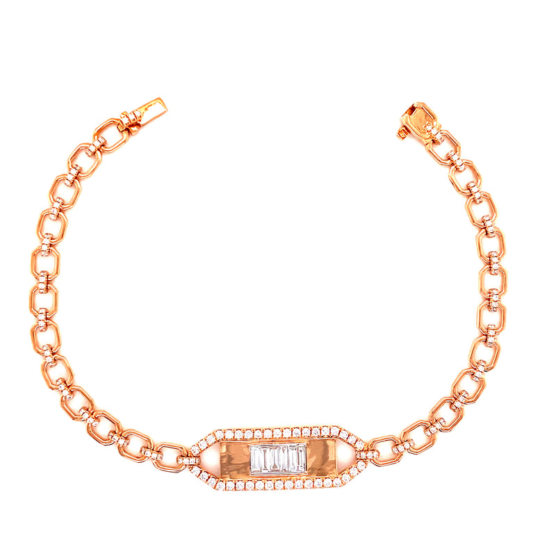 18K Rose Gold Round+Baguette Diamond Bar Bracelet-Bracelets-pink diamond-