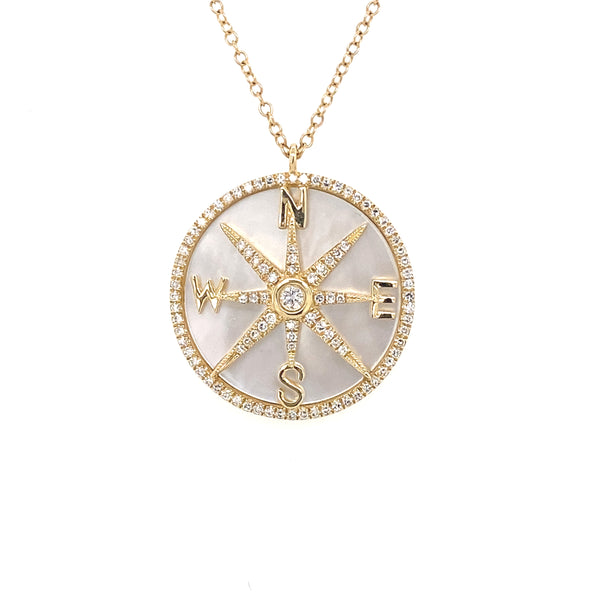 14K Yellow Gold Diamond + Mother of Pearl Compass Necklace-Necklaces-majolie-