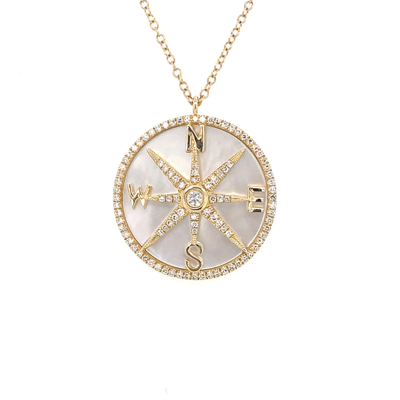 14K Yellow Gold Diamond + Mother of Pearl Compass Necklace