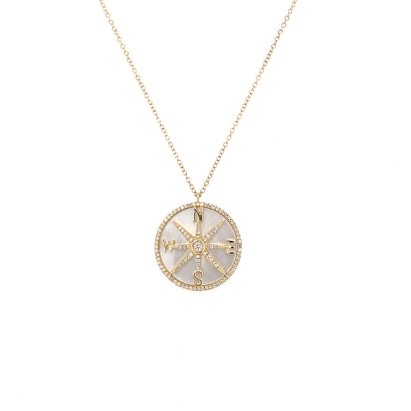 14K Yellow Gold Diamond + Mother of Pearl Compass Necklace-Necklaces-majolie-
