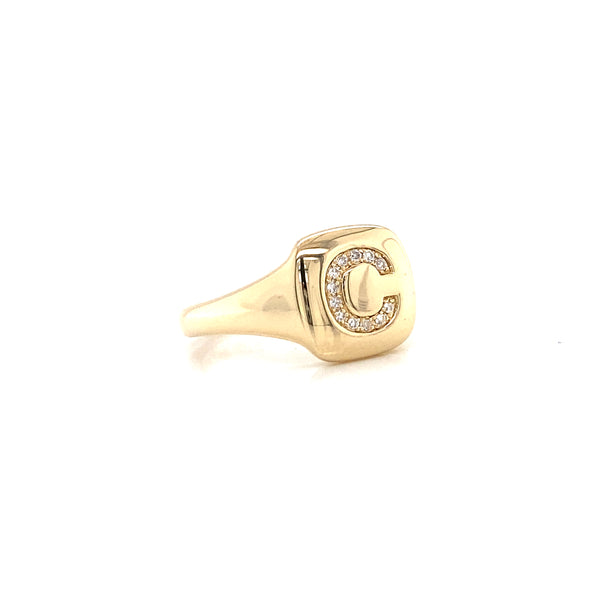 14K Yellow Gold Diamond Initial Signet Ring-Rings-majolie-C-