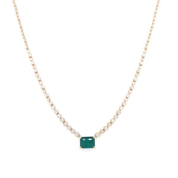 14K Yellow Gold Diamond + Emerald Cut Emerald Necklace