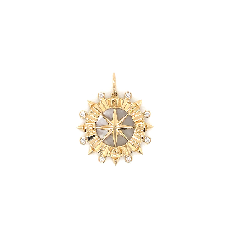 14K Yellow Gold Diamond + Mother of Pearl Compass Pendant-Charms & Pendants-Maurice's Jewelers-